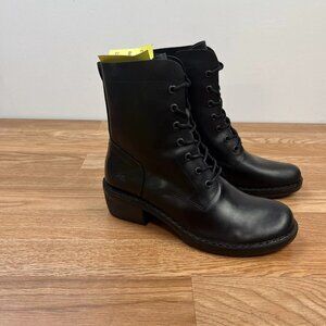 Fly London Black Leather Rug Heeled Boots EUR 39, US 8/8.5 Women's Lace Up BNWB